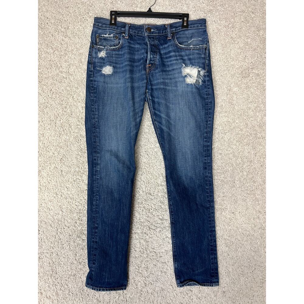 Abercrombie & Fitch Jeans Mens 34x34‎ Dark Blue Low Rise Slim Distressed Holes